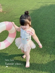 ĐỒ BƠI - BIKINI 2 DÂY KITTY TRẮNG VOAN BỒNG XOÈ CHO BÉ GÁI