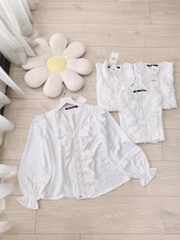 ÁO BÈO PHỐI REN CÚC BỌC LI TAY NỮ SẴN(SALE 79k)
