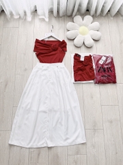 SET CHÂN VÁY LI ÁO NƠ VAI ĐÍNH HOA NỮ SẴN