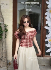 SET ÁO CARO ĐỎ TAY BỒNG CHÂN VÁY KEM LY DÀI NỮ SẴN (SALE 129k)