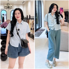 ÁO SƠ MI KẺ XANH CỘC TAY THÊU LOGO NỮ (KH ĐẶT SLL)