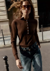 ÁO LEN CỔ POLO DÀI TAY NÂU SOCOLA NỮ THU ĐÔNG