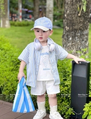 SET 4 CHI TIẾT ÁO SƠ MI SỌC XANH+ QUẦN ĐÙI+ÁO BALO+MŨ BÉ TRAI