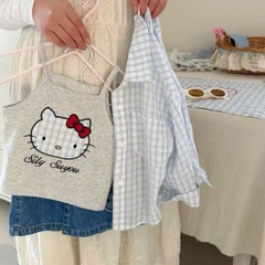SÉT 3 CHI TIẾT ÁO 2 DÂY SƠ MI KẺ QUẦN VÁY JEAN KITTY BÉ GÁI