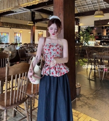 SET ÁO QUÂY HOA CÚP NGỰC MIX CHÂN VÁY DÁNG DÀI SẴN
