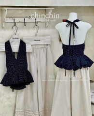 SET YẾM CỔ CHẤM BI THAN BỒNG KÈM QUẦN SUÔNG NỮ SẴN