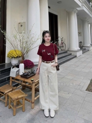 QUẦN JEAN NỮ SUÔNG ĐỎ TRẮNG KEM KÈM ĐAI SẴN (XẢ 109k)