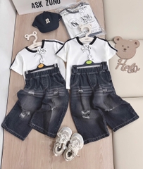 BỘ ÁO CỘC SỌC ĐEN QUẦN BÒ RÁCH BÉ TRAI SẴN (SALE 79k)