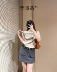 ÁO LEN KẺ THÊU GẤU CỘC TAY NỮ SẴN (SALE 95k)