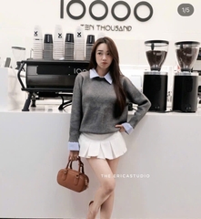 ÁO LEN XÁM PHỐI CỔ SƠ MI NỮ THU ĐÔNG