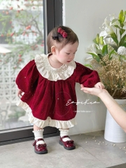 SET VÁY NHUNG NHŨ ĐỎ DÀI TAY 3 CHI TIẾT BÉ GÁI SẴN