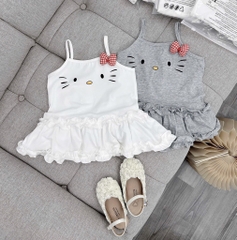 SÉT 2 VÁY 2S KITTY BÈO 2 TẦNG NƠ BÔNG TONE TRẮNG GHI CHO BÉ GÁI NEW