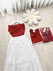 SET CHÂN VÁY LI ÁO NƠ VAI ĐÍNH HOA NỮ SẴN