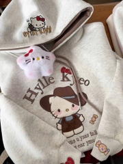 ÁO NỈ HAI DA THÊU KITTY – MŨ 2 LỚP DÀI TAY SIÊU XINH BÉ GÁI