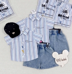 SET ÁO SƠ MI CỘC TAY KẺ KÈM QUẦN BÒ BÉ TRAI