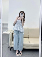 SET BỘ NỮ ÁO KẺ LI-EN BỒNG 2 LỚP CHẠY CHUN SẴN