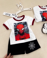 SÉT SIÊU NHÂN NHỆN TRẮNG PHỐI CỔ ĐỎ QUẦN SHORT ĐEN CHO BÉ TRAI( xả 50k)