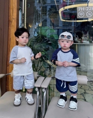 SET 2 BỘ COTTON TÀU THAN GHI KẺ SỌC TAY BÉ TRAI SẴN (SALE 102k)