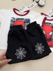 SÉT SIÊU NHÂN NHỆN TRẮNG PHỐI CỔ ĐỎ QUẦN SHORT ĐEN CHO BÉ TRAI( xả 50k)
