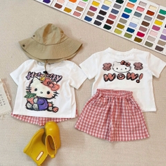 SET BỘ HELLO KITTY ZOZ WOW ÁO TRẮNG QUẦN SOOC CARO HỒNG BÉ GÁI SẴN
