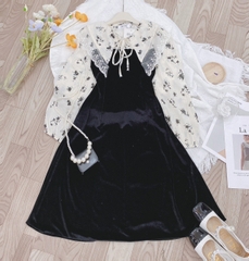 VÁY NHUNG DÁNG DÀI HOA TƠ CỔ REN (Xả 89K)