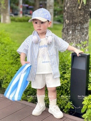 SET 4 CHI TIẾT ÁO SƠ MI SỌC XANH+ QUẦN ĐÙI+ÁO BALO+MŨ BÉ TRAI