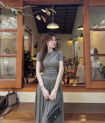 VÁY NỮ SUÔNG CỘC TAY XOÈ DÚM VAI 2M ĐEN XÁM V082