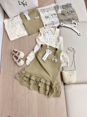 VÁY BÈO 3 TẦNG COTTON XANH RÊU VÀ CHẤM BI BÉ GÁI