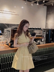 VÁY CỔ CAO TAY CỘC NHÚN EO NỮ