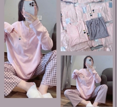SET BỘ ÁO HỒNG QUẦN KẺ DÀI THÊU GẤU NỮ THU ĐÔNG (XẢ 89k)