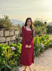 VÁY LEN MIDI CỔ VUÔNG ĐAN(xả 128k)