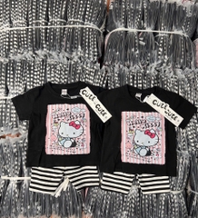 SET BỘ COTTON HELLO KITTY ĐEN MIX QUẦN LEGGING KẺ CHO BÉ GÁI