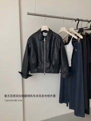 ÁO KHOÁC DA ĐEN CỔ BẺ NỮ