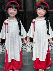 ÁO DÀI BÉ GÁI 1 NƠ TRẮNG ĐỎ
