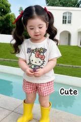 SET BỘ HELLO KITTY ZOZ WOW ÁO TRẮNG QUẦN SOOC CARO HỒNG BÉ GÁI SẴN