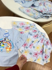 SET ÁO PHÔNG CV IN HOA BLUEY XANH TRỜI BÉ GÁI SẴN ( XẢ 39k)