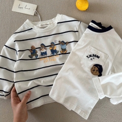 SET 2 ÁO GẤU KẺ TRẮNG DÀI TAY BÉ TRAI