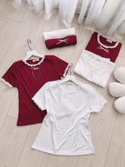 ÁO NỮ LEN LẠNH PHỐI REN BÈO ĐÍNH NƠ(xả 39k)