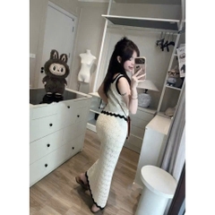 SET ÁO MIX CHÂN VÁY LEN MÀU KEM VIỀN ĐEN NỮ