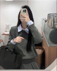ÁO LEN XÁM PHỐI CỔ SƠ MI NỮ THU ĐÔNG