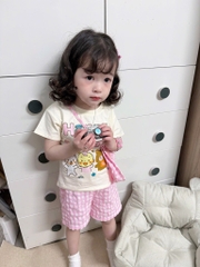 SÉT HAPPY 1/6 CHO BÉ TRAI BÉ GÁI MIX QUẦN CARO KÈM TÚI ĐEO CHÉO 3CT SẴN