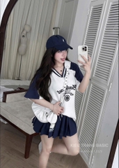 SET BAD ÁO PULL MIX CHÂN VÁY XANH THAN NỮ