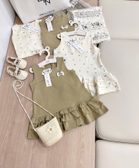 VÁY BÈO 3 TẦNG COTTON XANH RÊU VÀ CHẤM BI BÉ GÁI