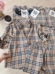 SET KẺ NÂU TAY KHUY MIX SHORT NỮ SẴN