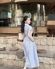 VÁY KẺ PHỐI CỔ ĐAI EO NỮ
