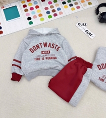SÉT BỘ NỈ MŨ 2DA TONE ĐỎ GHI DONT WASTE CỰC YÊU CHO BÉ TRAI