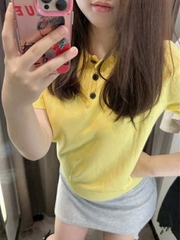 ÁO POLO VÀNG DỆT VIỀN REN NỮ