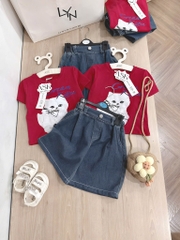 SET ÁO PHÔNG ĐỎ MÈO QUẦN BÒ BÉ GÁI (xả 65k)