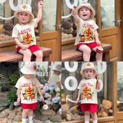 SÉT CỘC BE VUI TẾT TRUNG THU QUẦN ĐỎ KÈM MŨ LÂN BÉ TRAI