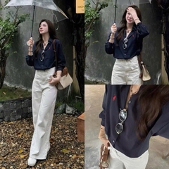 ÁO SƠ MI XANH THAN THÊU NGỰA DÀI TAY NỮ SẴN( XẢ 75k )